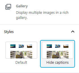 An image describing the settings for the gallery block in the WordPress editor. A custom block style called Hide captions is available for selection.